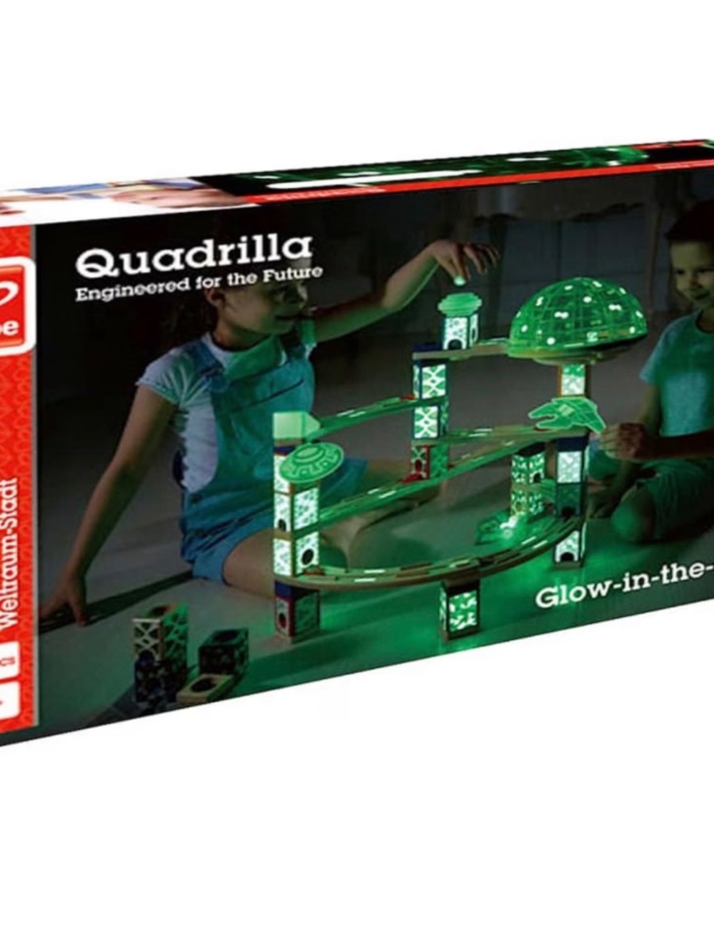HAPE QUADRILLA SPACE CITY GLOW IN THE DARK WOODEN MARBLE RUN MAZE BUILDING SET